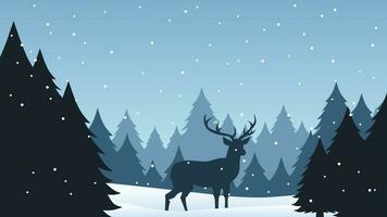 natura nel inverno paesaggio vettore illustrazione. silhouette di renna a pino foresta nel freddo stagione. inverno natura paesaggio per sfondo, sfondo o atterraggio pagina