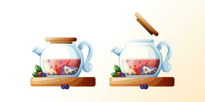 chiuso e ha aperto bicchiere teiera con caldo bere, frutti di bosco, e frutta, vettore illustrazione per tè menù, teiera su un' di legno In piedi