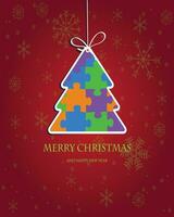 Natale albero e allegro Natale. Natale alberi nel il modulo di colorato puzzle grucce. con i fiocchi di neve e rosso sfondo vettore
