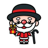 carino e kawaii Natale Santa Claus cartone animato personaggio con cappello canna e presente scatola vettore