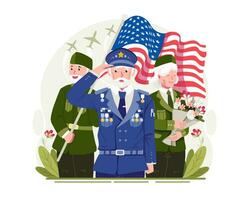 un' gruppo di veterani con un americano bandiera e Tenere fiori salutando e festeggiare veterani giorno vettore