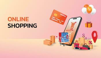 in linea shopping concetto, commercio elettronico, veloce saldi, sconto, pagamento senza soldi, digitale, piatto illustrazione vettore, il concetto di in linea shopping su sociale media app, shopping in linea su sito web o mobile vettore