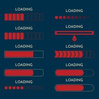 impostato Caricamento in corso su tenere sotto controllo tecnologia concetto design. hud Caricamento in corso processi e stato barre, vettore interfaccia icone. rosso elementi, blu sfondo. hud Caricamento in corso barre su digitale schermo, pannello di controllo pannello ui