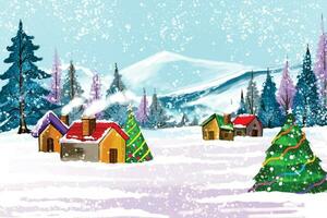 inverno paesaggio con innevato case e Natale albero sfondo vettore