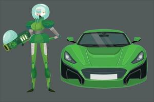 davanti Visualizza di nero a strisce verde gli sport macchina. auto da corsa. moderno macchina. con un' femmina autista nel un' verde camicia vettore