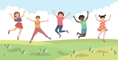 cinque bambini felici che saltano di gioia su un prato verde - vettore