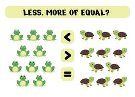 educativo logica gioco per prescolastico bambini. scegliere il corretta Rispondere. maggiore di, Di meno di o pari per un' rana e un' tartaruga. vettore illustrazione isolato su bianca sfondo
