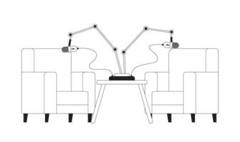 studio registrazione camera nero e bianca 2d cartone animato oggetto. Podcast microfoni Due poltrone isolato vettore schema elemento. professionale attrezzatura interno monocromatico piatto individuare illustrazione