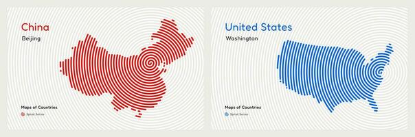 Due mappe di Cina, Stati Uniti d'America. politico carta geografica. Washington dc, pechino. capitale. mondo paesi vettore mappe serie. spirale impronta digitale serie