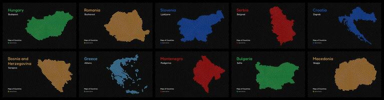 balcanico paesi impostare. Serbia, montenegro, Croazia, Albania, bosnia e erzegovina, Bulgaria, macedonia, Romania, slovenia. spirale impronta digitale mappe serie vettore