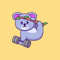 carino koala sollevamento dumbell su ramo cartone animato vettore icone illustrazione. piatto cartone animato concetto. adatto per qualunque creativo progetto.