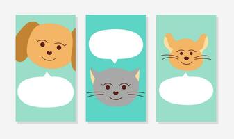 un' collezione di bandiera modelli con animali domestici - gatto, cane e topo per sociale reti. scarabocchio stile vettore