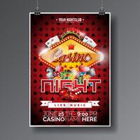 Vector Party Flyer design su un tema di Casino con fiches e carte da gioco