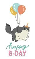 cartone animato Grasso gatto legato per un' palloncini. contento compleanno saluto carta. vettore