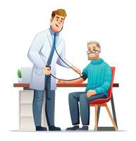 medico misurazione sangue pressione per anziano paziente nel medici ufficio. assistenza sanitaria medico visita medica concetto. vettore cartone animato personaggio illustrazione