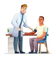 medico misurazione sangue pressione per paziente. medico visita medica e assistenza sanitaria concetto. vettore cartone animato personaggio illustrazione
