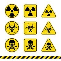 Pericolo avvertimento segni. rischio avvertimento simboli. radiazione ionizzazione, rischio biologico attenzione, e Pericolo zona segni. vettore