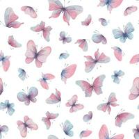 farfalle siamo rosa, blu, lilla, volare, delicato con Ali e spruzzi di dipingere. mano disegnato acquerello illustrazione. senza soluzione di continuità modello su un' bianca sfondo, per design vettore