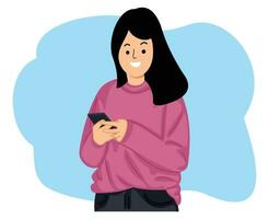 giovane donna Tenere mobile Telefono guardare a smartphone e digitando Messaggio vettore