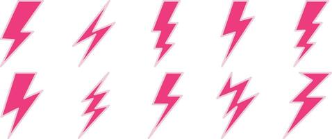 impostato di fulmine bullone, elettricità, e tempesta icone nel rosa su un' bianca sfondo. vettore illustrazione.