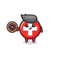 illustrazione di un personaggio distintivo della bandiera svizzera che mangia una ciambella vettore