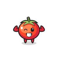 il muscoloso personaggio dei pomodori è in posa mostrando i suoi muscoli vettore