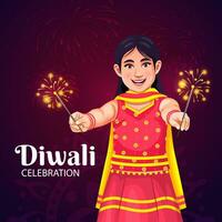 contento Diwali vettore illustrazione con fuochi d'artificio sfondo per leggero Festival di India nel piatto ragazzo celebrare Diwali cartone animato design. Festival vendita e promozione pubblicità concetto