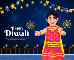 creativo illustrazione saluto carta design di contento Diwali Festival, fuochi d'artificio sfondo decorazione con diya o lampada vettore