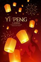 galleggiante lanterna, loy Krathong e yi peng lanterna Festival nel chiang mai, Tailandia, manifesto aviatore su fuoco d'artificio raddrizzamento notte sfondo, eps 10 vettore illustrazione
