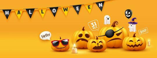 contento Halloween, zucche viso azione, sorridente e pauroso viso collezioni, bandierina colorato bandiera , bandiera design su giallo sfondo, eps 10 vettore illustrazione