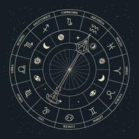 orologio con astrologico zodiaco segni nel un' mistico esoterico cerchio su un' cosmico sfondo. oro e nero design. oroscopo illustrazione, vettore