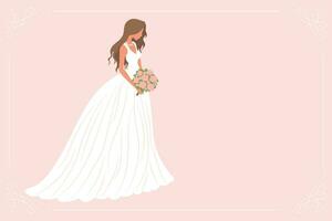 sposa nel un' bianca nozze vestito con un' mazzo di fiori. lusso nozze bandiera modello per invito. illustrazione, vettore