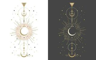 impostato di esoterico mistico manifesti con spirituale simboli, Luna, sole, stelle. modelli su leggero e buio sfondi, boho stile. vettore