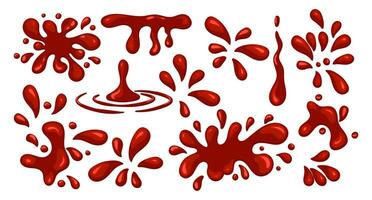 impostato di sanguinoso schizzi, riempimenti e rosso sangue macchie su un' bianca sfondo. design elementi, vettore