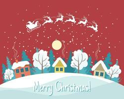 inverno paesaggio con carino case, Santa su un' slitta con renne e il notte cielo. allegro Natale saluto carta modello. illustrazione nel piatto stile. vettore