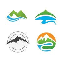 loghi di fiumi, insenature, sponde e flussi. fiume logo con combinazione di montagne e terreni agricoli con concetto design vettore illustrazione modello.