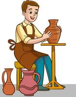 vasaio Lavorando su un' ceramica ruota. vettore cartone animato illustrazione.