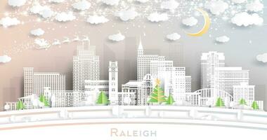 raleigh nord carolina. inverno città orizzonte nel carta tagliare stile con fiocchi di neve, Luna e neon ghirlanda. Natale, nuovo anno concetto. Santa claus. raleigh Stati Uniti d'America paesaggio urbano con punti di riferimento. vettore