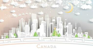 Canada. inverno città orizzonte nel carta tagliare stile con fiocchi di neve, Luna e neon ghirlanda. Natale e nuovo anno concetto. Santa Claus su slitta. Canada paesaggio urbano con punti di riferimento. ottava. vettore