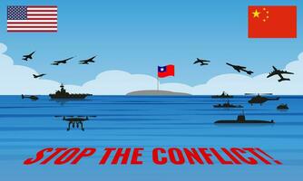 vettore illustrazione di un' possibile conflitto fra il noi e Cina via il costa di Taiwan nel il Sud Cina mare con un' chiamata per fermare il conflitto.