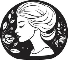 mistico eleganza nero emblema con womans viso icona nel nero monocromatico eterno bellezza logo con femmina viso icona nel nero monocromatico vettore