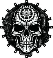 cyberpunk cranio emblema il fusione di uomo e macchina vettore meccanico cranio icona un' tecnologico metamorfosi