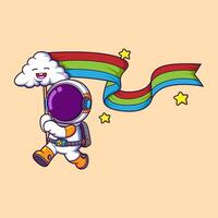 astronauta cartone animato personaggio giocando nube e arcobaleno vettore