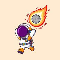carino astronauta in esecuzione a partire dal Luna palla fuoco cartone animato personaggio vettore