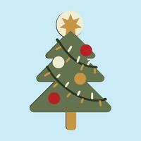 Natale alberi, pini per saluto carta, invito, striscione, ragnatela. nuovo anni e natale tradizionale simbolo albero con ghirlande, leggero lampadina, stella. inverno vacanza. icone collezione vettore