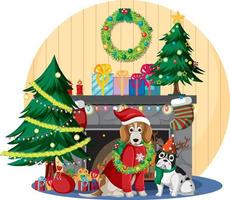 caminetto con simpatici cani e decorazioni natalizie