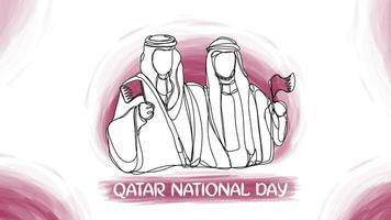Qatar nazionale giorno bandiera con Due arabo uomo Tenere bandiera uno linea acquerello stile illustrazione vettore