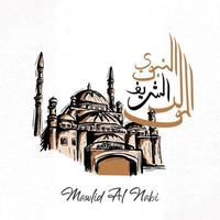 banner design di saluto mawlid al nabi con moschea disegnata a mano vettore