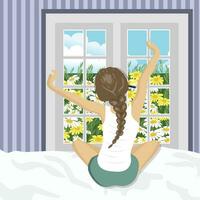 donna allungamento nel letto dopo scia su. concetto per vacanze e vacanze. estate scenario. piatto vettore illustrazione