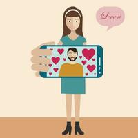 ragazza Tenere smartphone con immagine di un' ragazzo. amore e sociale networking concetto. chattare. piatto vettore illustrazione